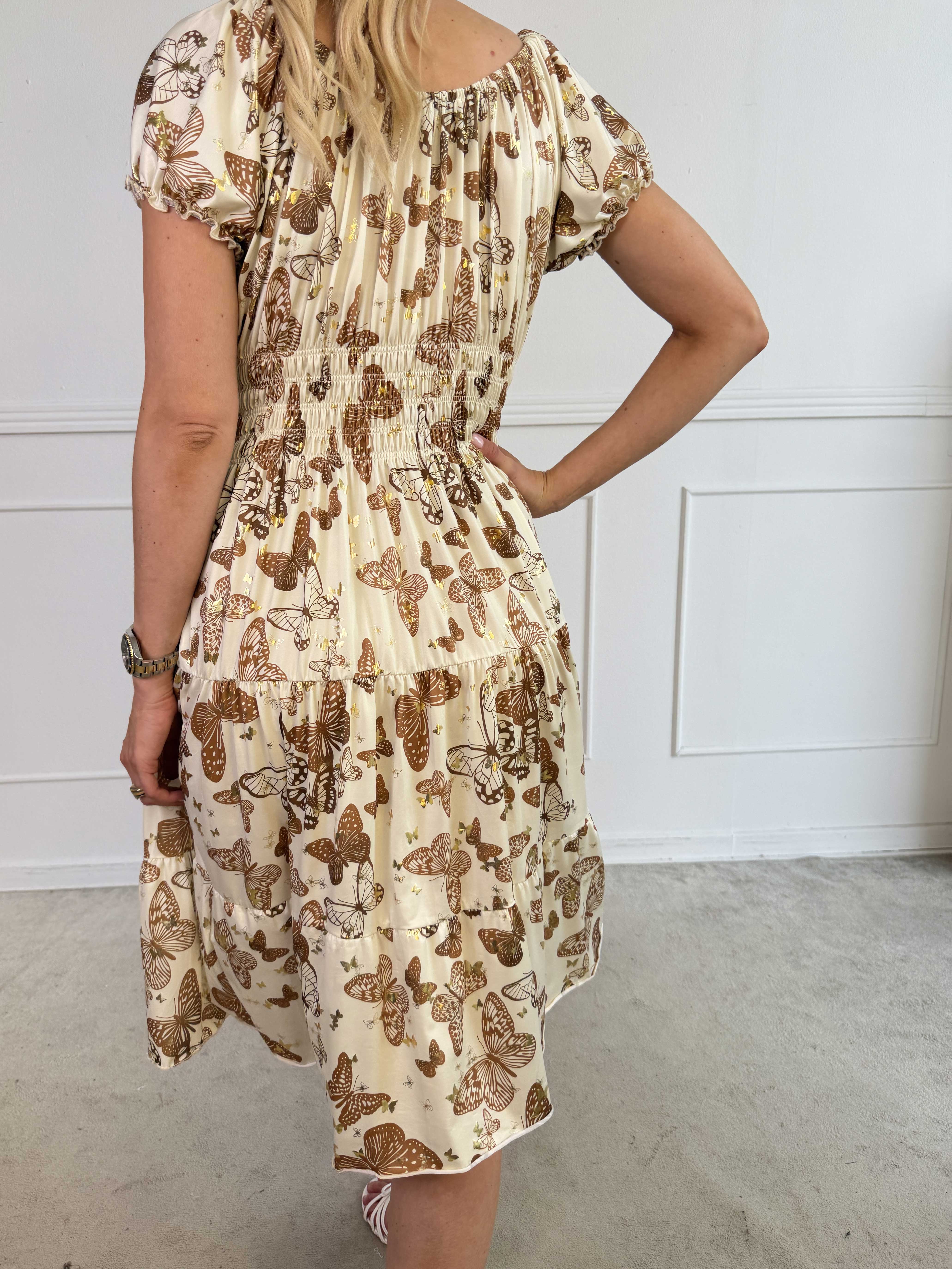 Tea Butterfly - Plus size kjole med smukt sommerfugleprint og elastisk udskæring